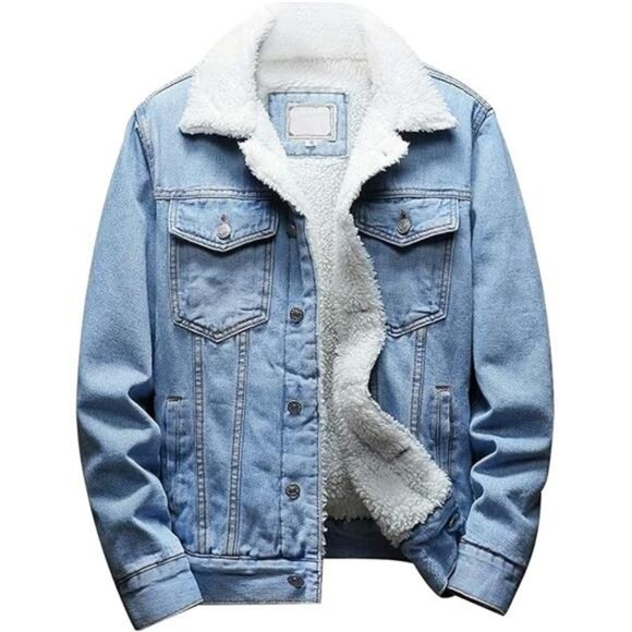 Mens Denim Jacket Sherpa Lined Jean Trucker Jacket Winter Coat Thick Warm - Picture 7 of 7